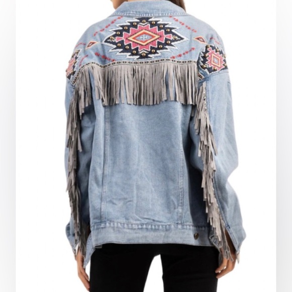 Aztec Denim Jacket W/Fringe - Picture 2 of 3